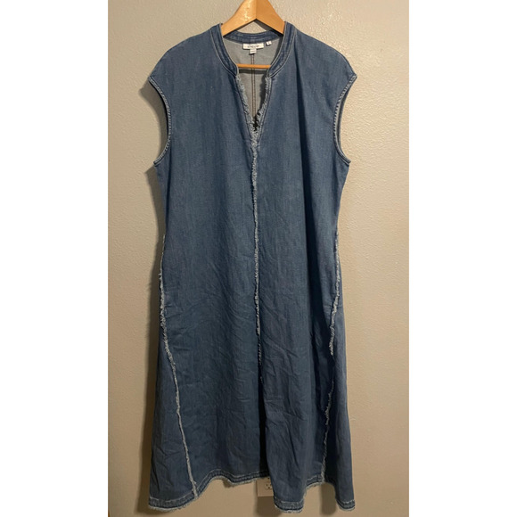 Chico's Dresses & Skirts - Chicos Dress Womens 3 US XL Blue Denim Sleeveless Fringe Maxi Trapeze Swing